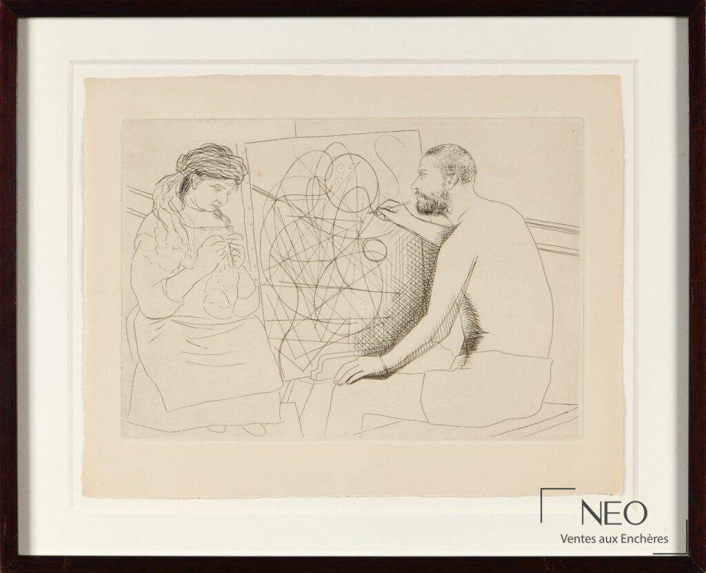 Eau-forte encadrée montrant deux figures de Pablo Picasso devant un fond de lignes entremêlées.