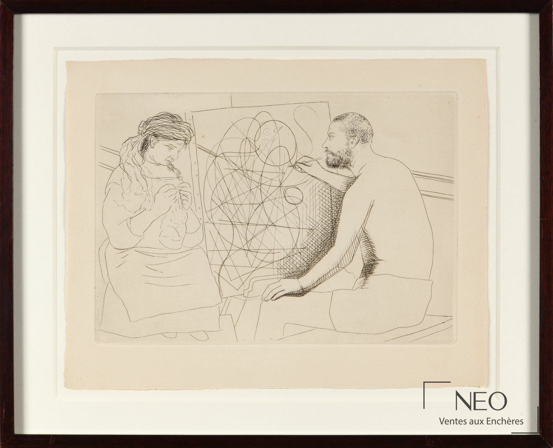 Eau-forte encadrée montrant deux figures de Pablo Picasso devant un fond de lignes entremêlées.