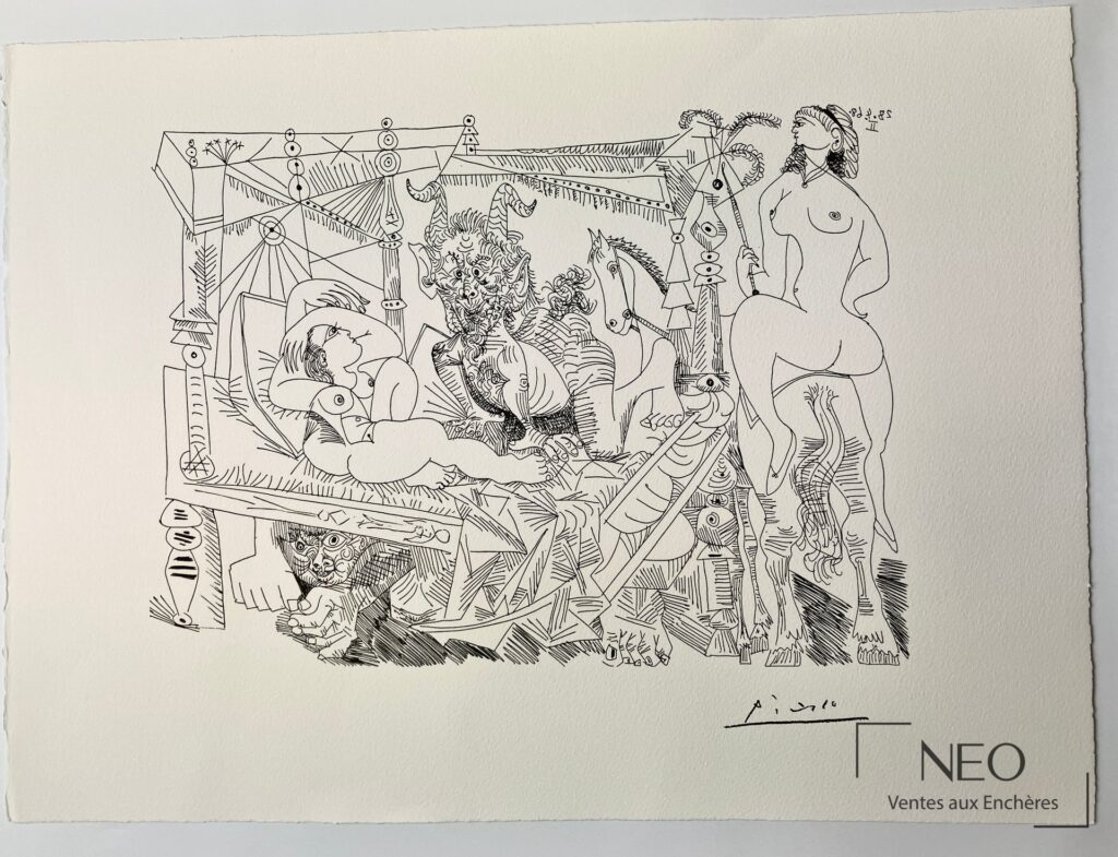 Lithographie sur papier de Picasso représentant une scène foisonnante en noir sur fond blanc