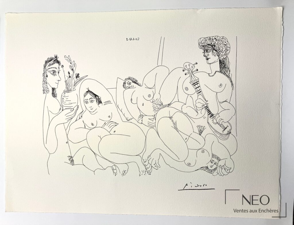 Lithographie de Picasso représentant une composition aux figures féminines et instrument de musique