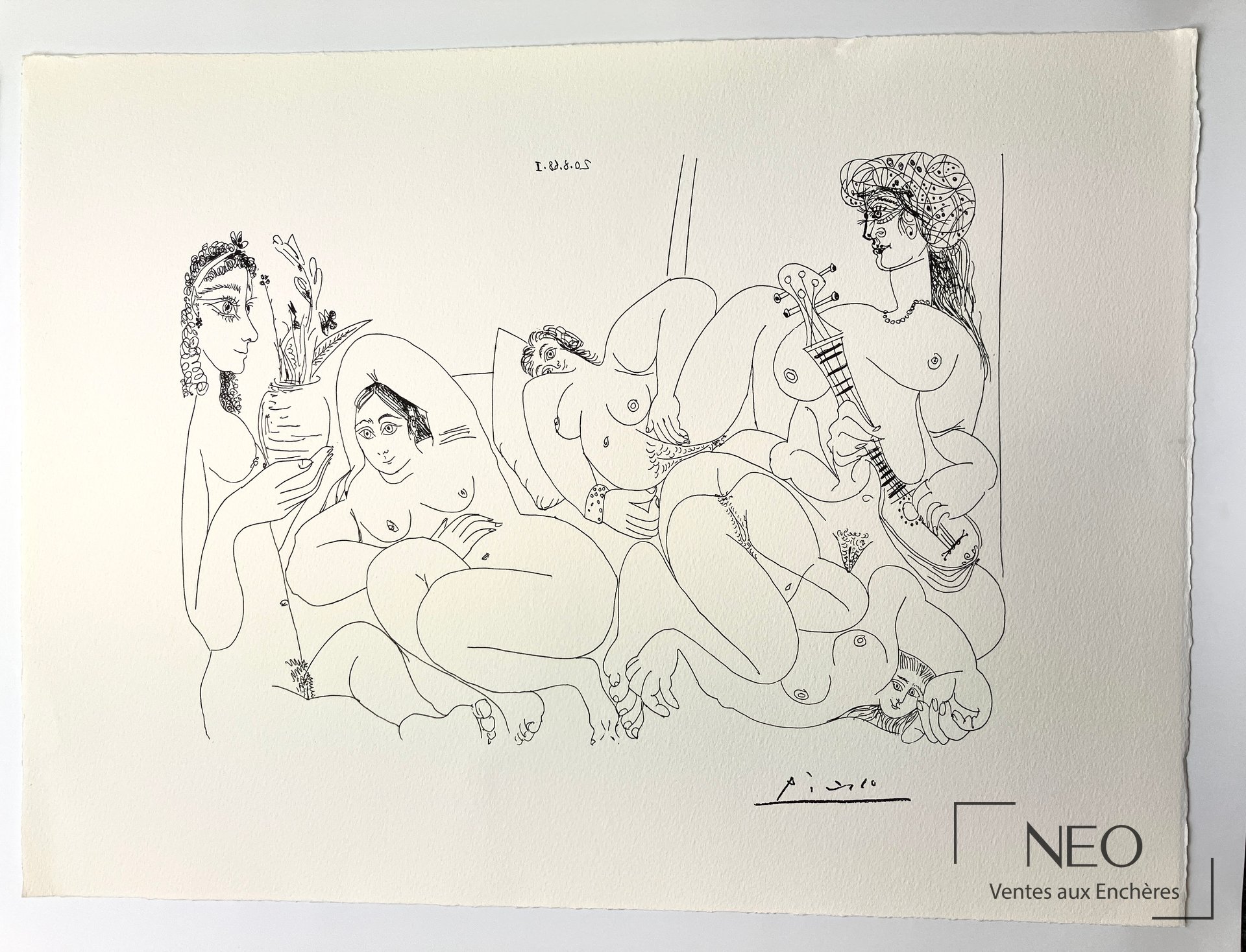 Lithographie de Picasso représentant une composition aux figures féminines et instrument de musique
