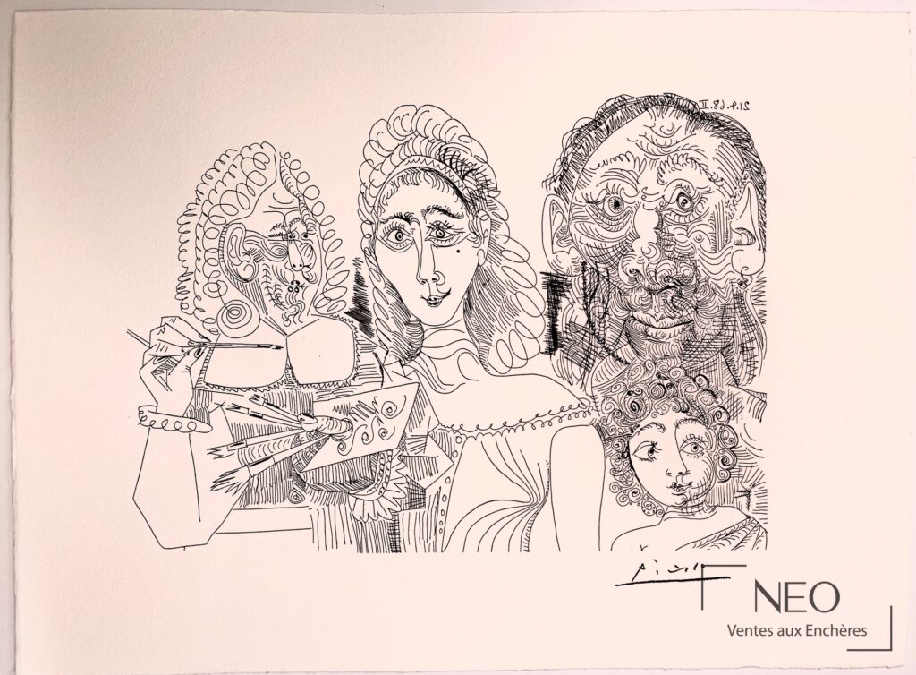 Lithographie de Picasso montrant quatre visages stylisés et une signature en bas à droite