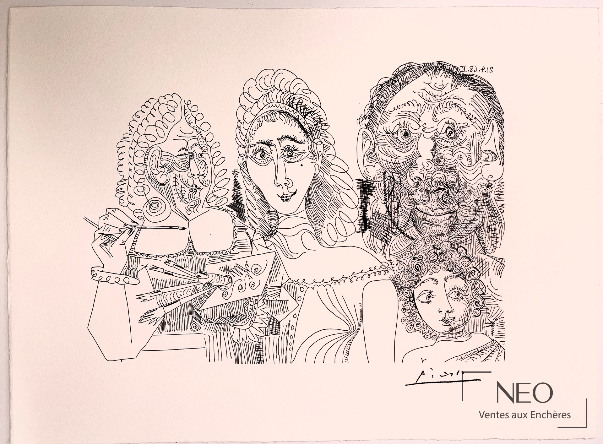 Lithographie de Picasso montrant quatre visages stylisés et une signature en bas à droite