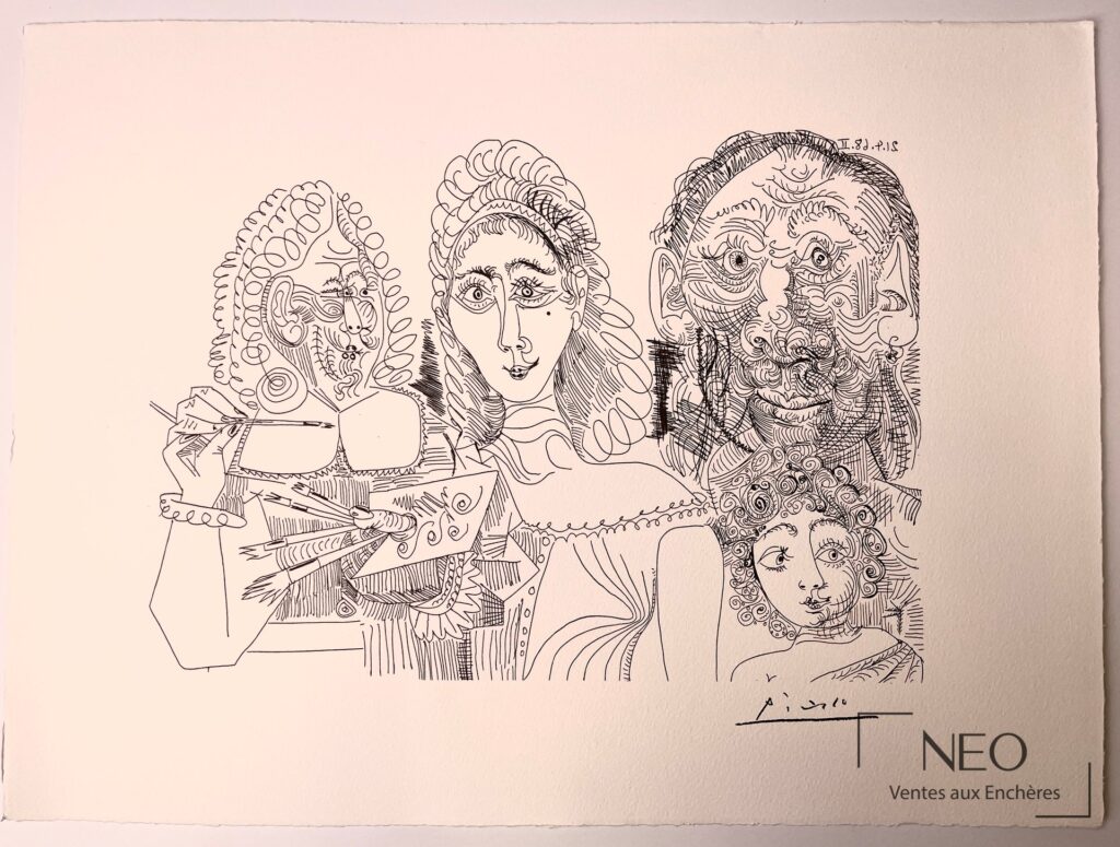 Lithographie de Pablo Picasso représentant plusieurs visages au trait noir sur papier