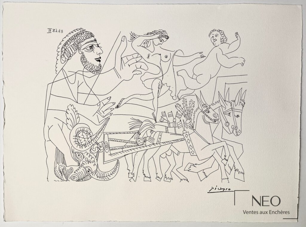 Lithographie de Pablo Picasso représentant plusieurs figures dessinées au trait sur papier