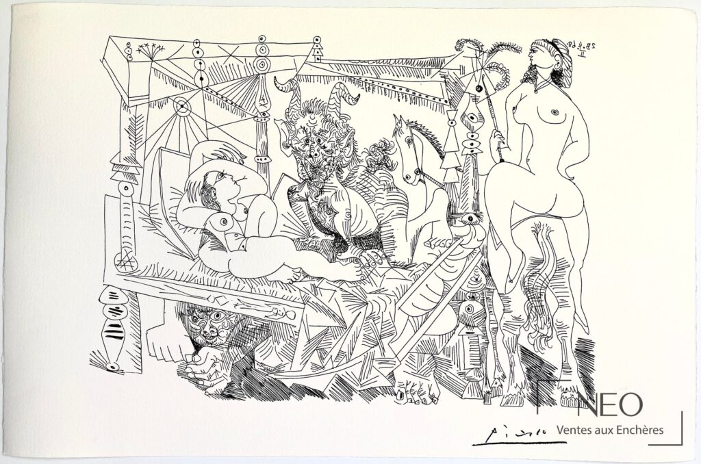 Lithographie de Pablo Picasso représentant une composition foisonnante en noir sur papier