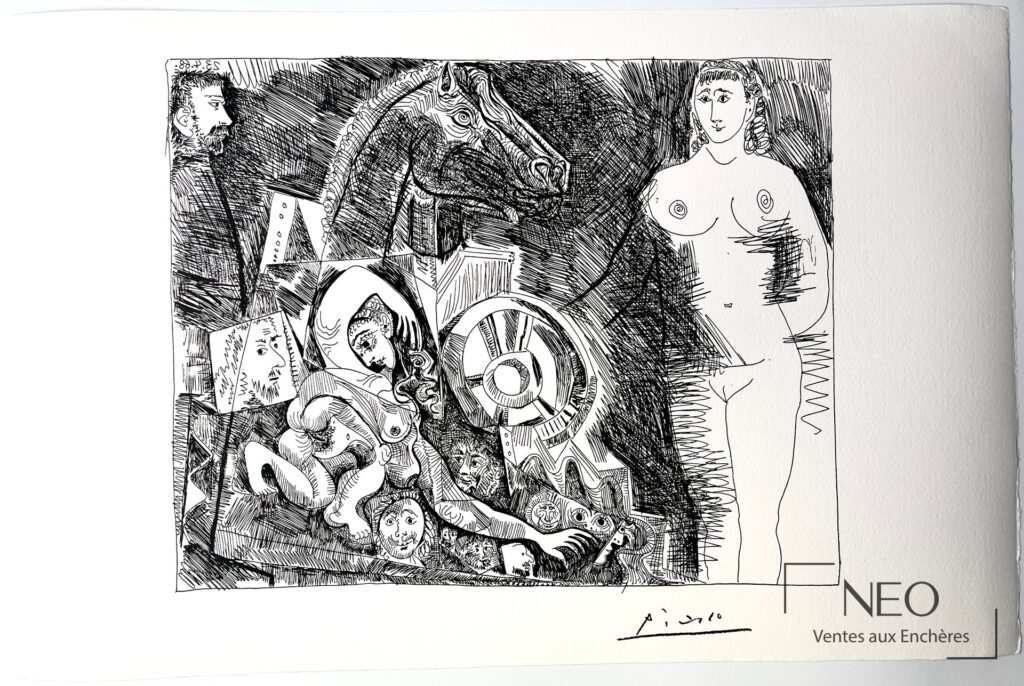 Lithographie en noir sur papier représentant une composition cubiste et figurative