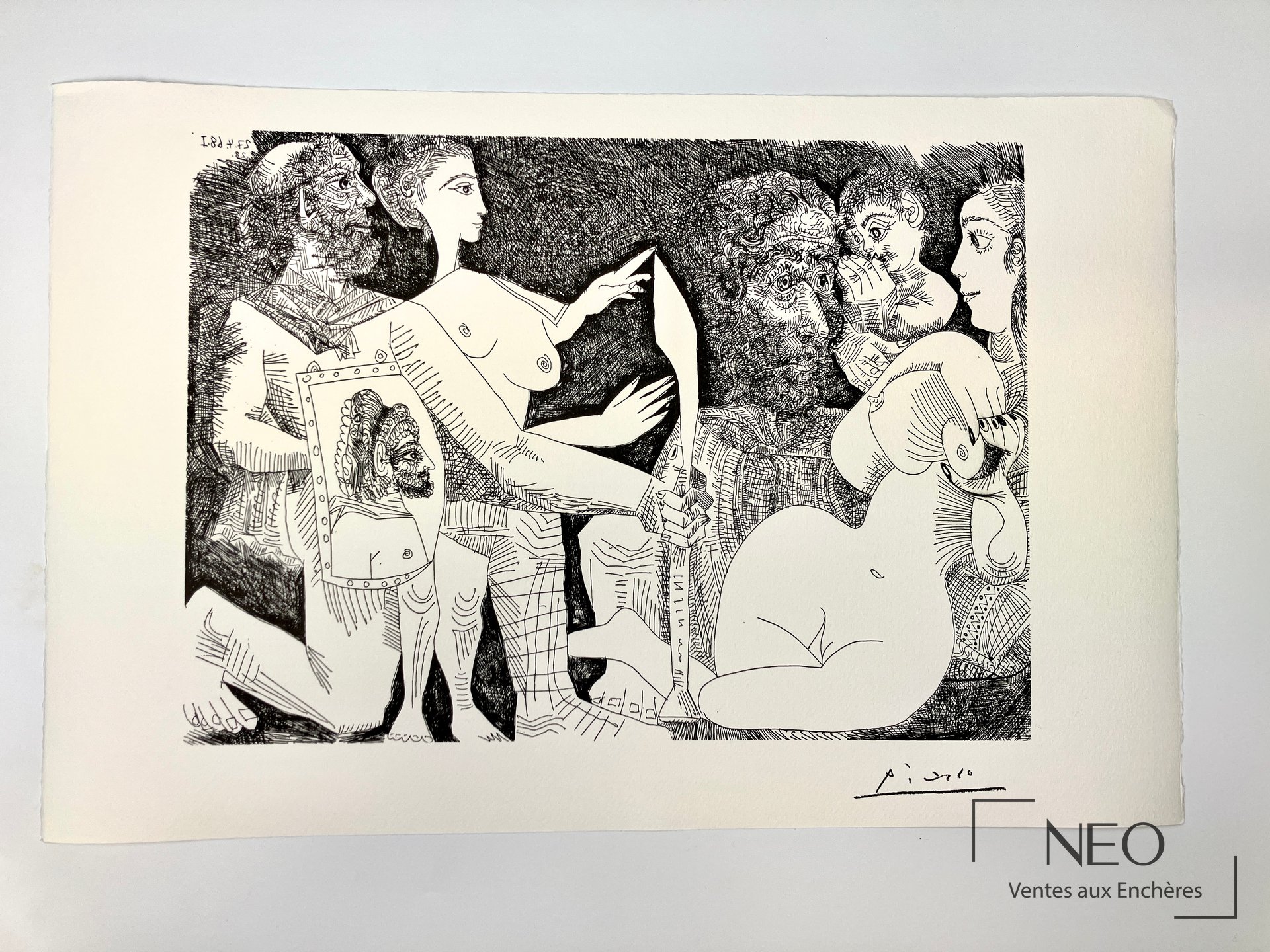 Lithographie de Pablo Picasso représentant plusieurs figures dans une composition noire et blanche