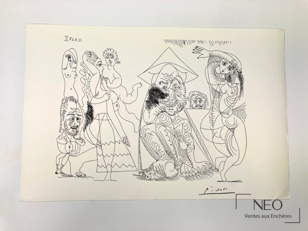 Lithographie de Pablo Picasso représentant une composition figurative en noir sur papier