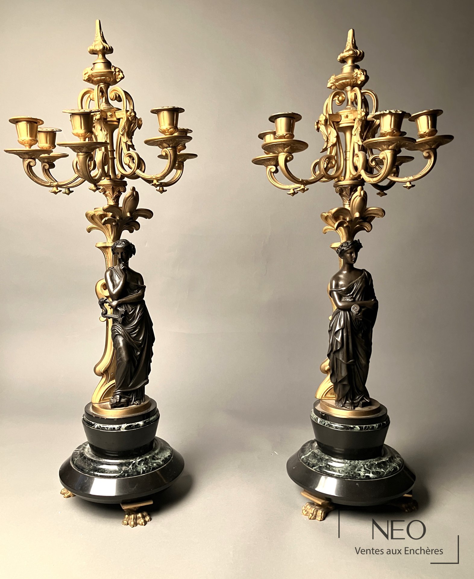 Paire de candélabres en bronze à double patine sur socles de marbre