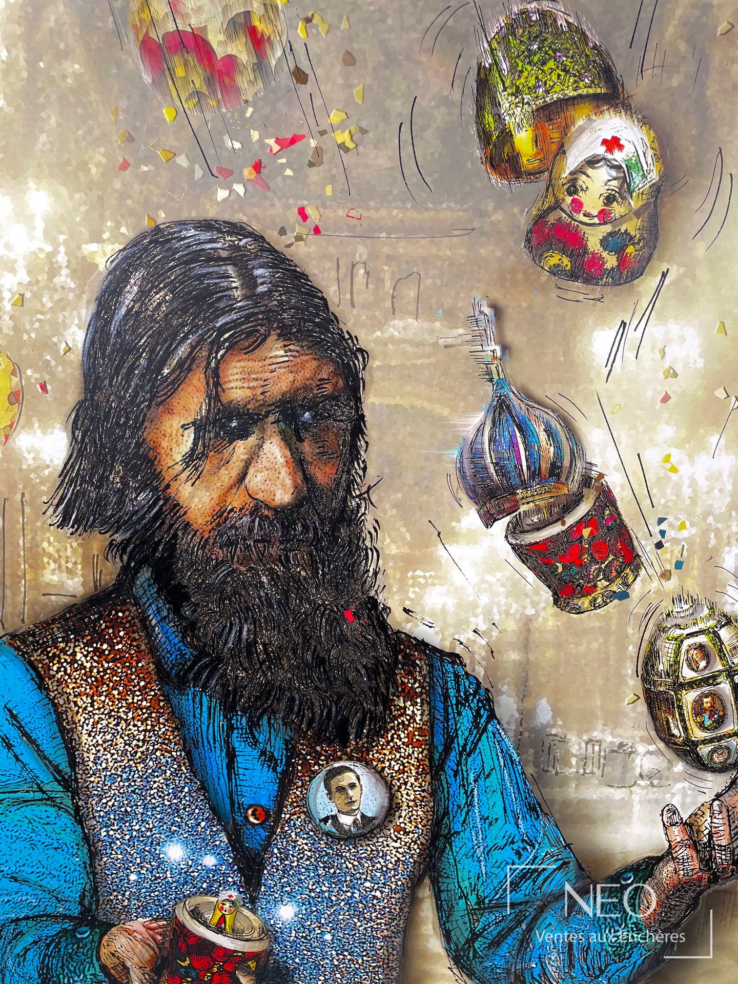 Composition colorée représentant un homme barbu avec plusieurs poupées russes en lévitation.