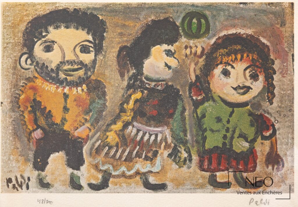 Estampe de Palvi montrant trois personnages colorés
