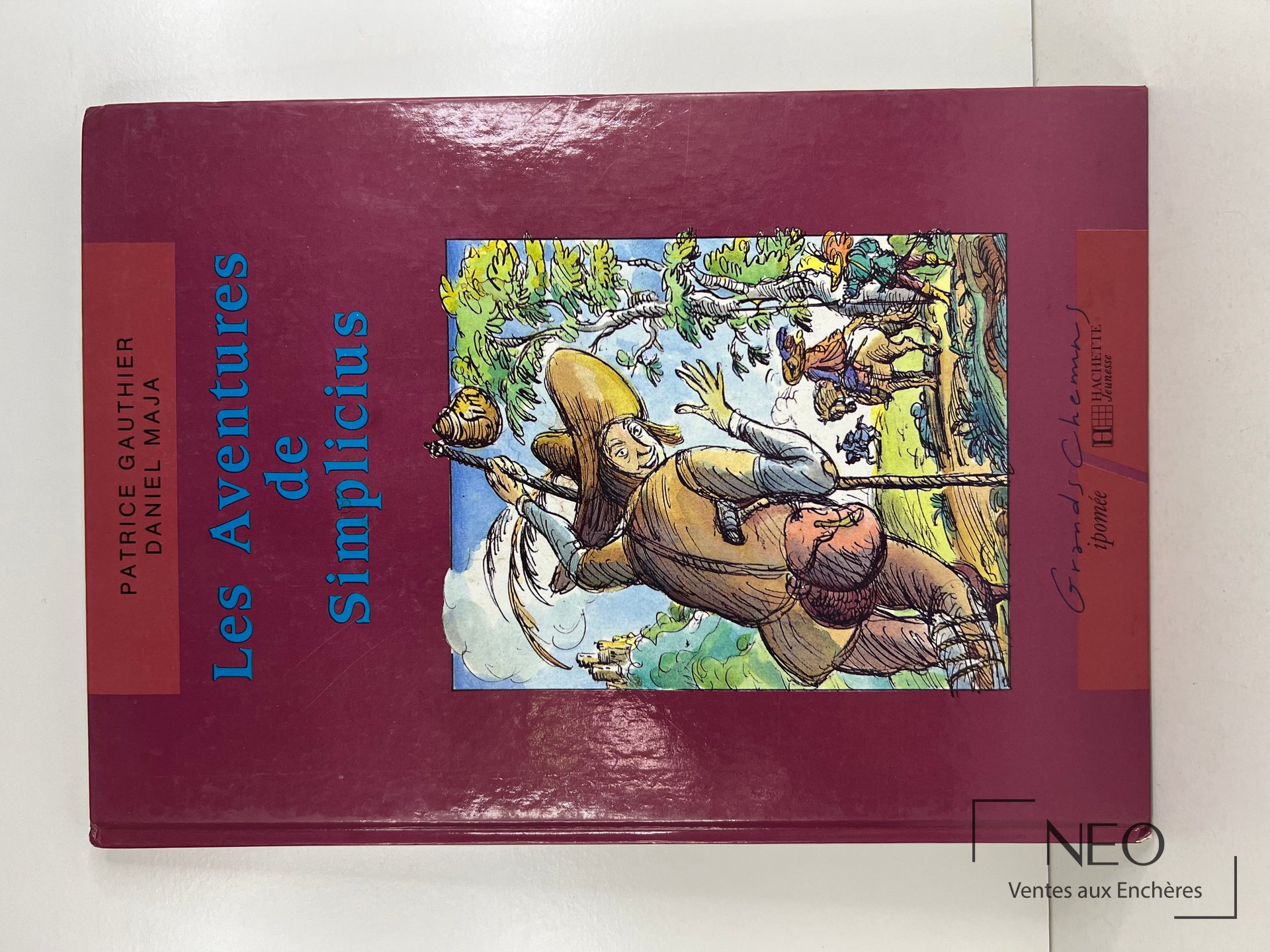 Couverture rigide violette du livre Les Aventures de Simplicius avec illustration centrale en couleur.