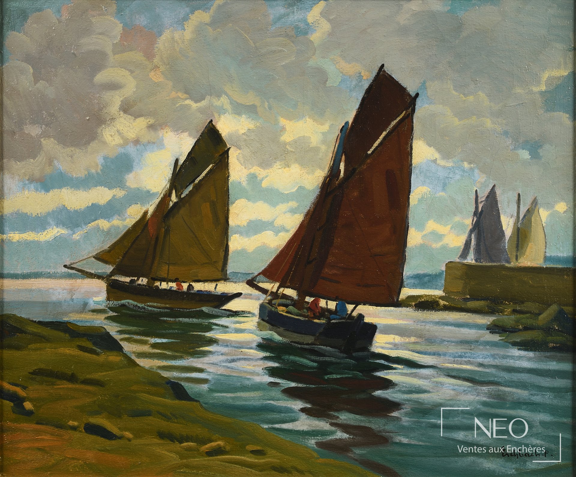 Peinture de voiliers sous un ciel nuageux