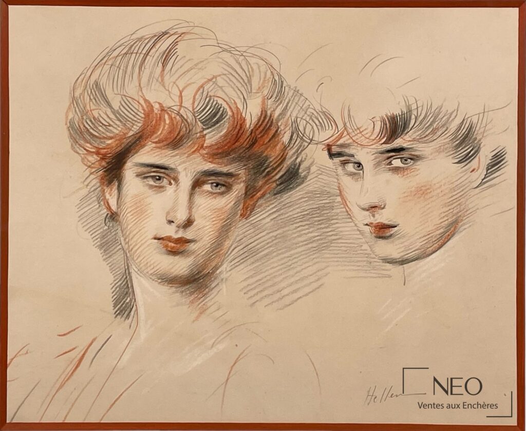 Dessin de deux têtes féminines au crayon et aux trois crayons