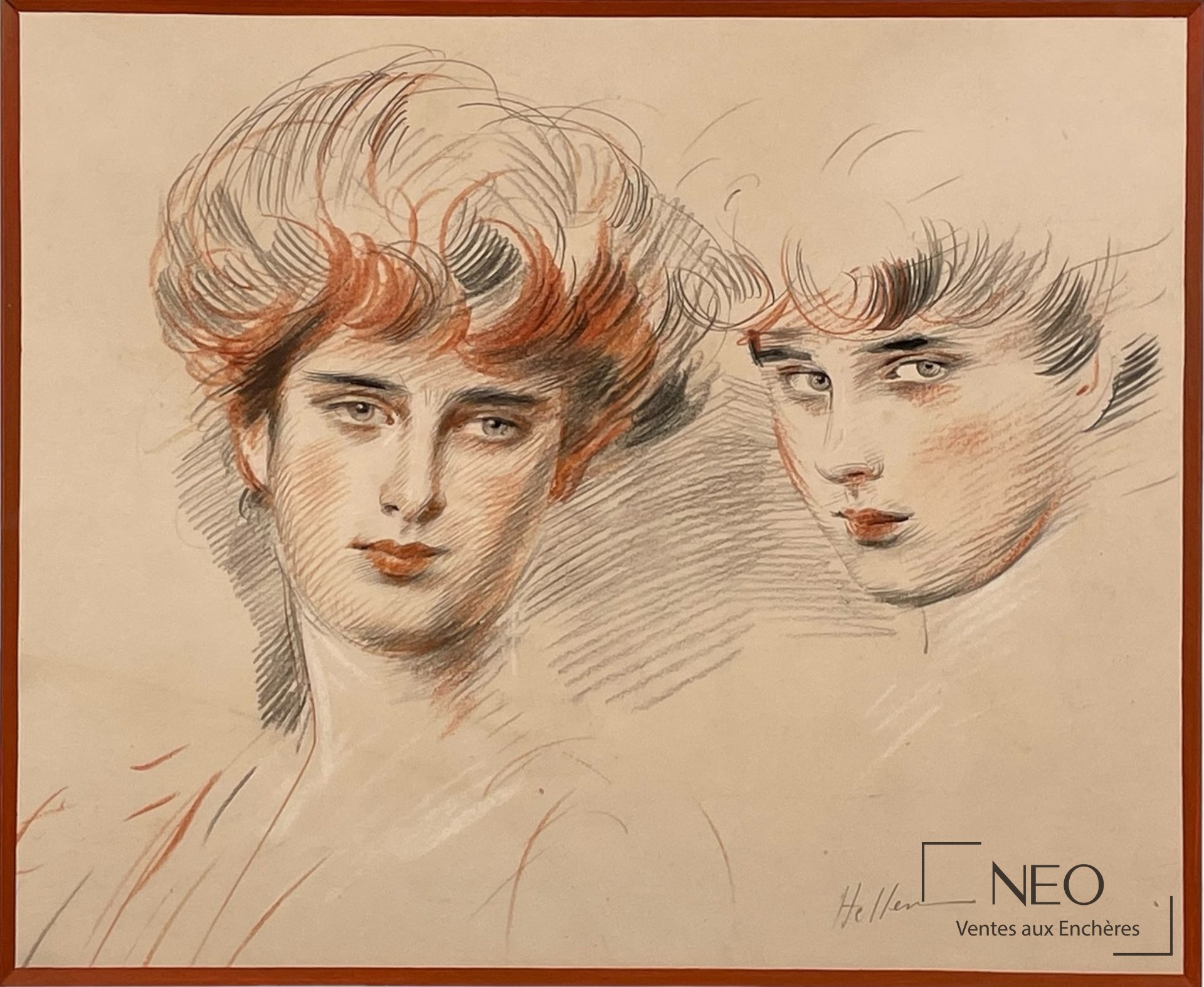 Dessin de deux têtes féminines au crayon et aux trois crayons
