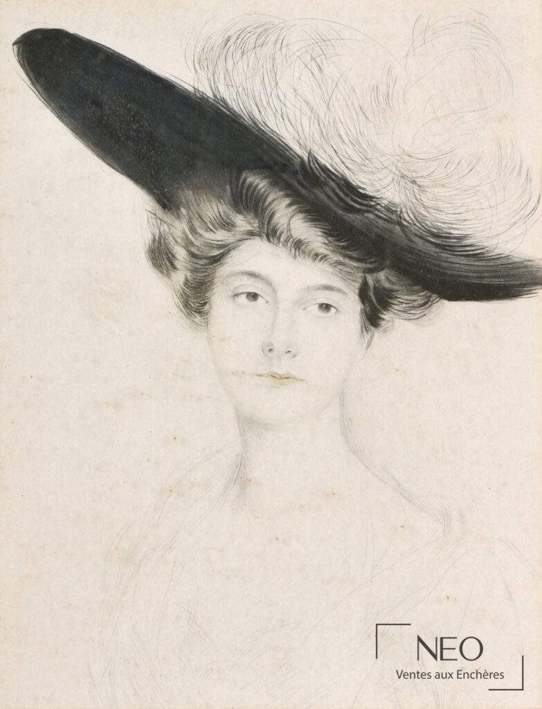 Portrait féminin en pointe sèche attribué à Paul César Helleu