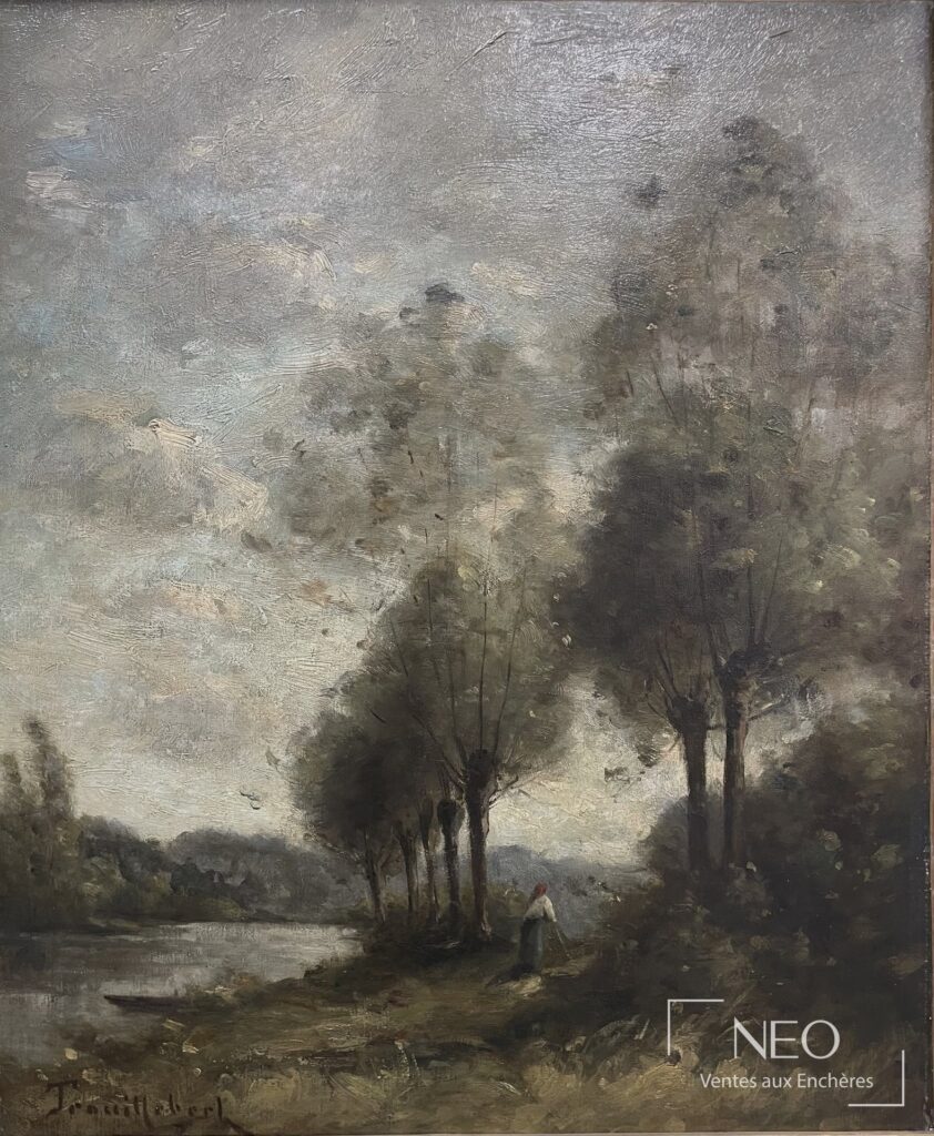 Huile sur toile représentant un paysage arboré avec une figure au bord de l'eau