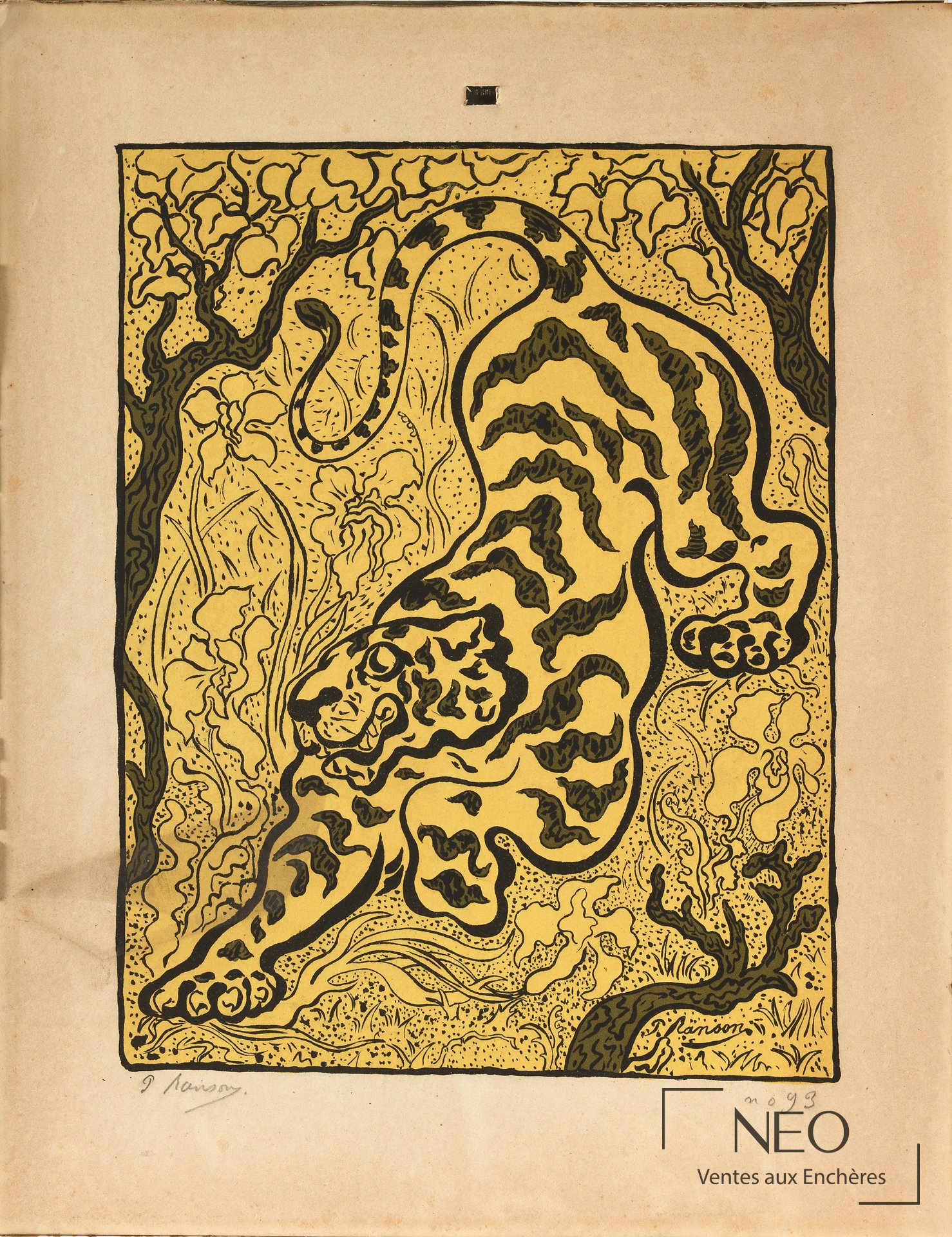 Lithographie de Paul Elie Ranson représentant un tigre dans la jungle