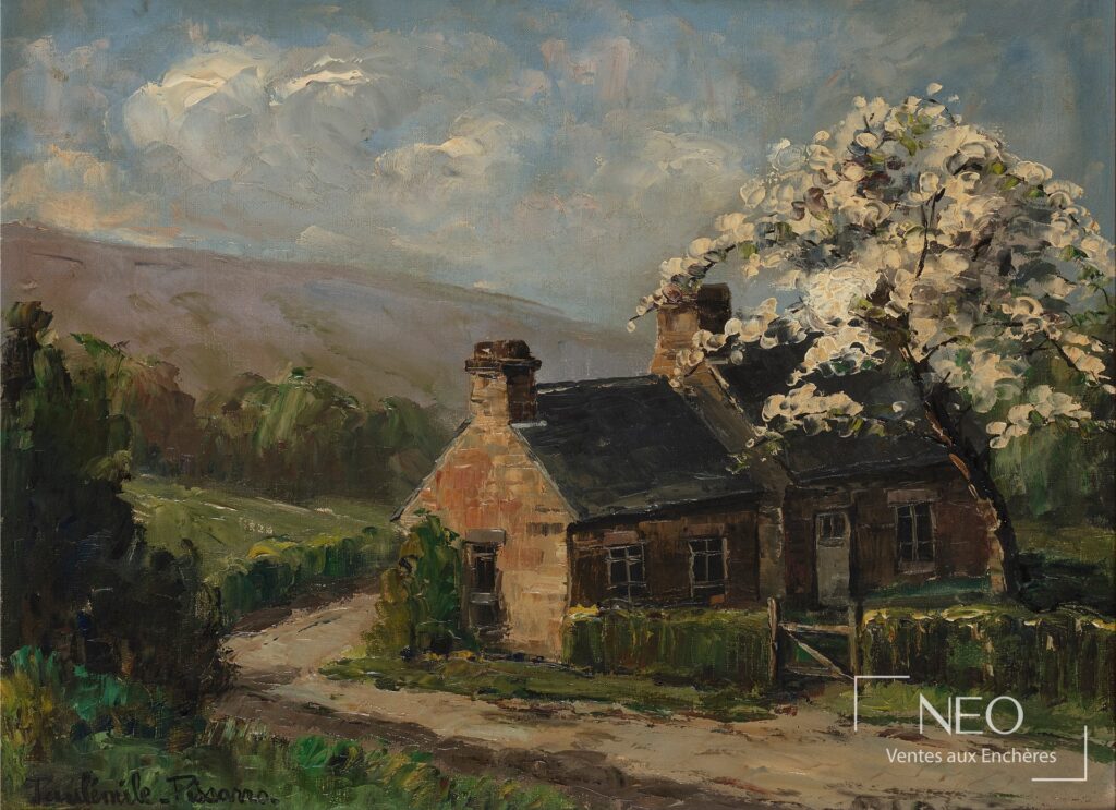 Paysage de ferme peint à l'huile avec arbre en fleurs