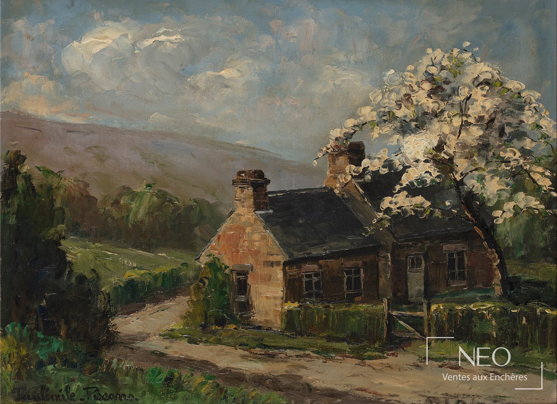 Paysage de ferme peint à l'huile avec arbre en fleurs