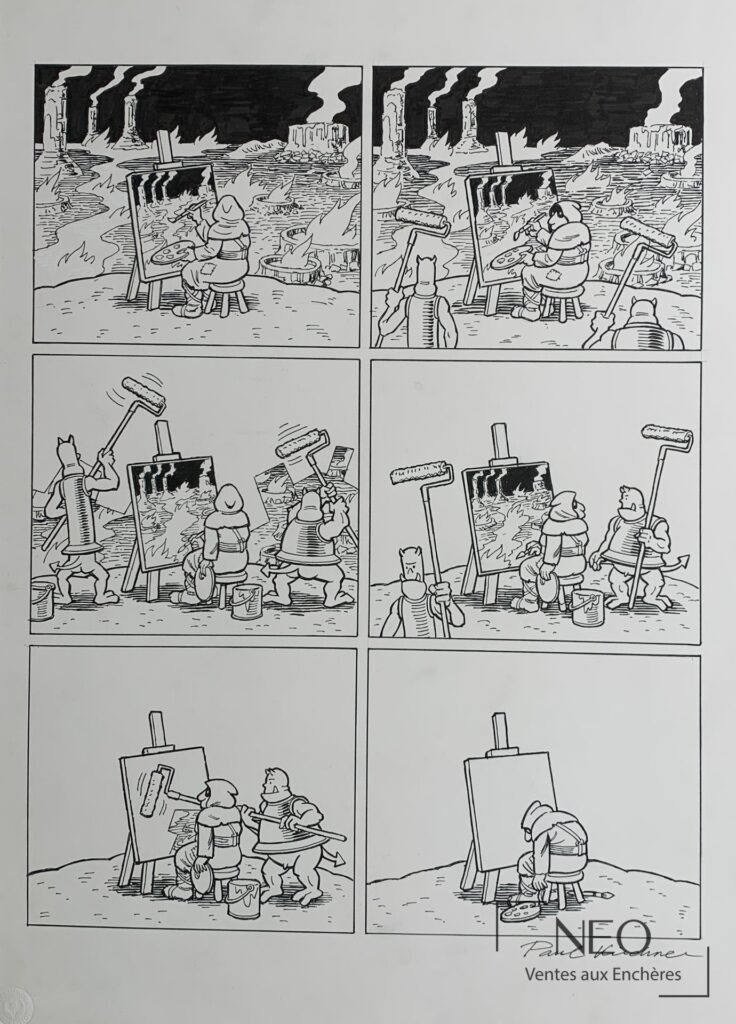 Planche de bande dessinée en noir et blanc signée