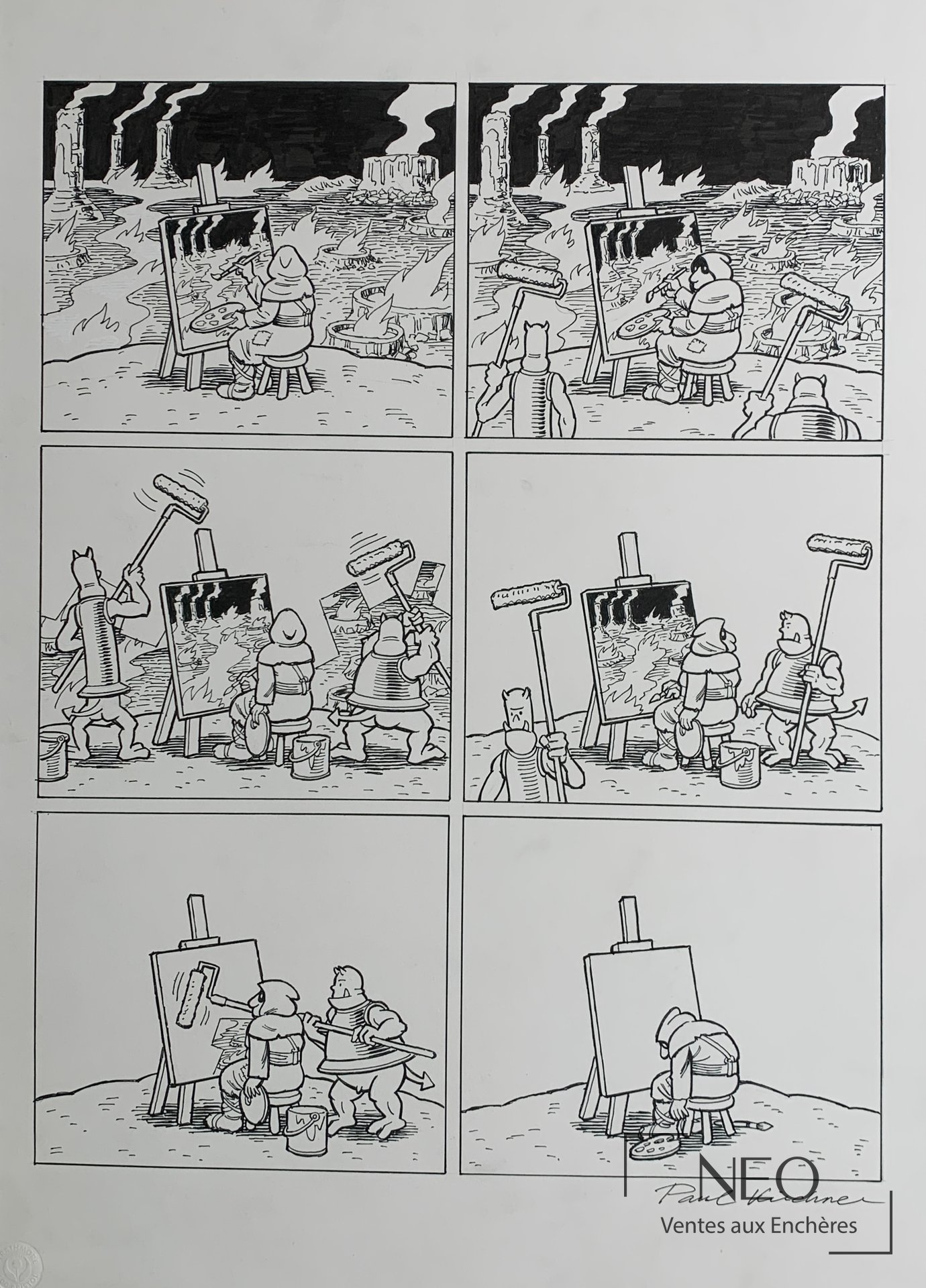 Planche de bande dessinée en noir et blanc signée