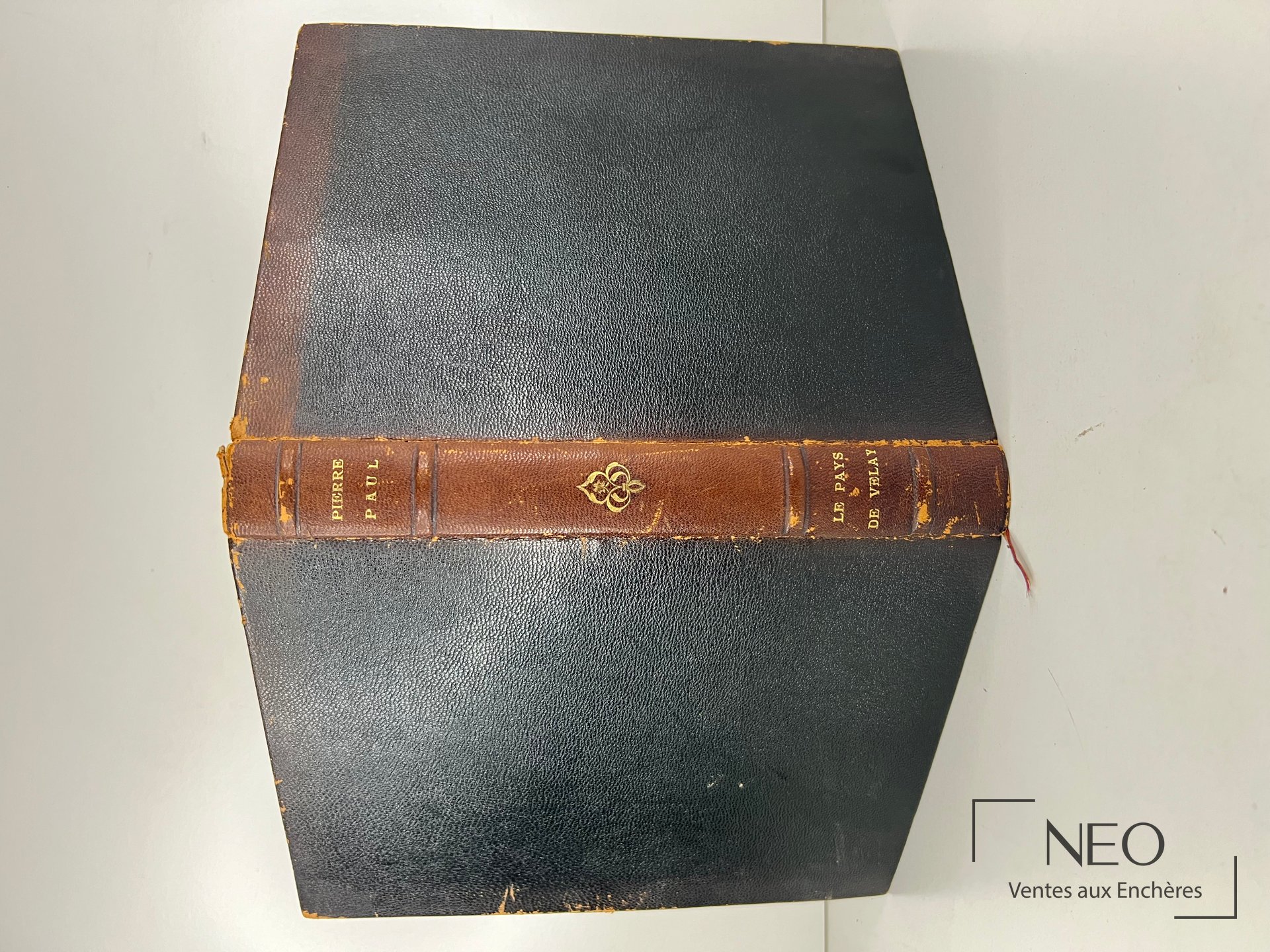 Livre relié en chagrin noir avec dos brun titré en doré