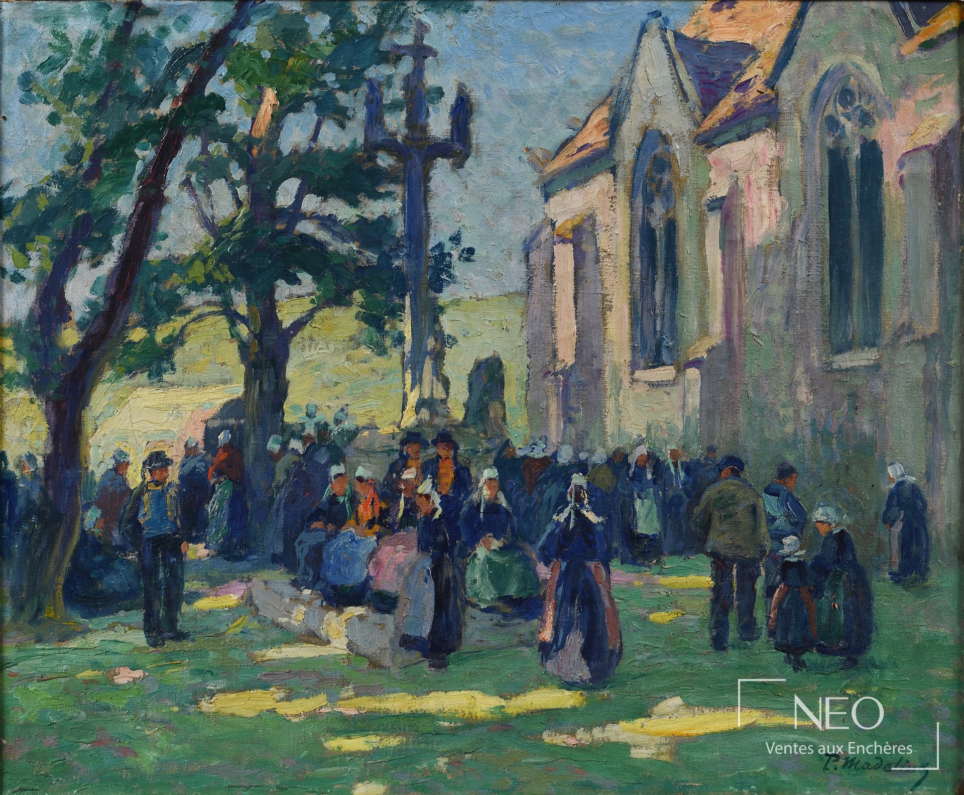 Paul Madeline, Un dimanche en Bretagne devant une église, huile sur toile