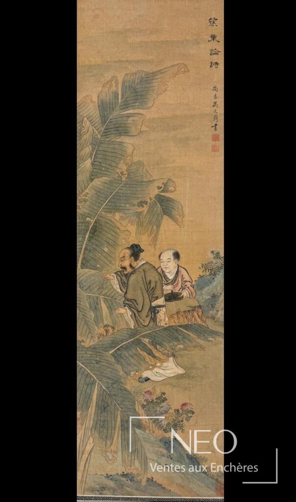 Peinture chinoise sur soie montrant un lettré écrivant un poème parmi de grandes feuilles de bananier