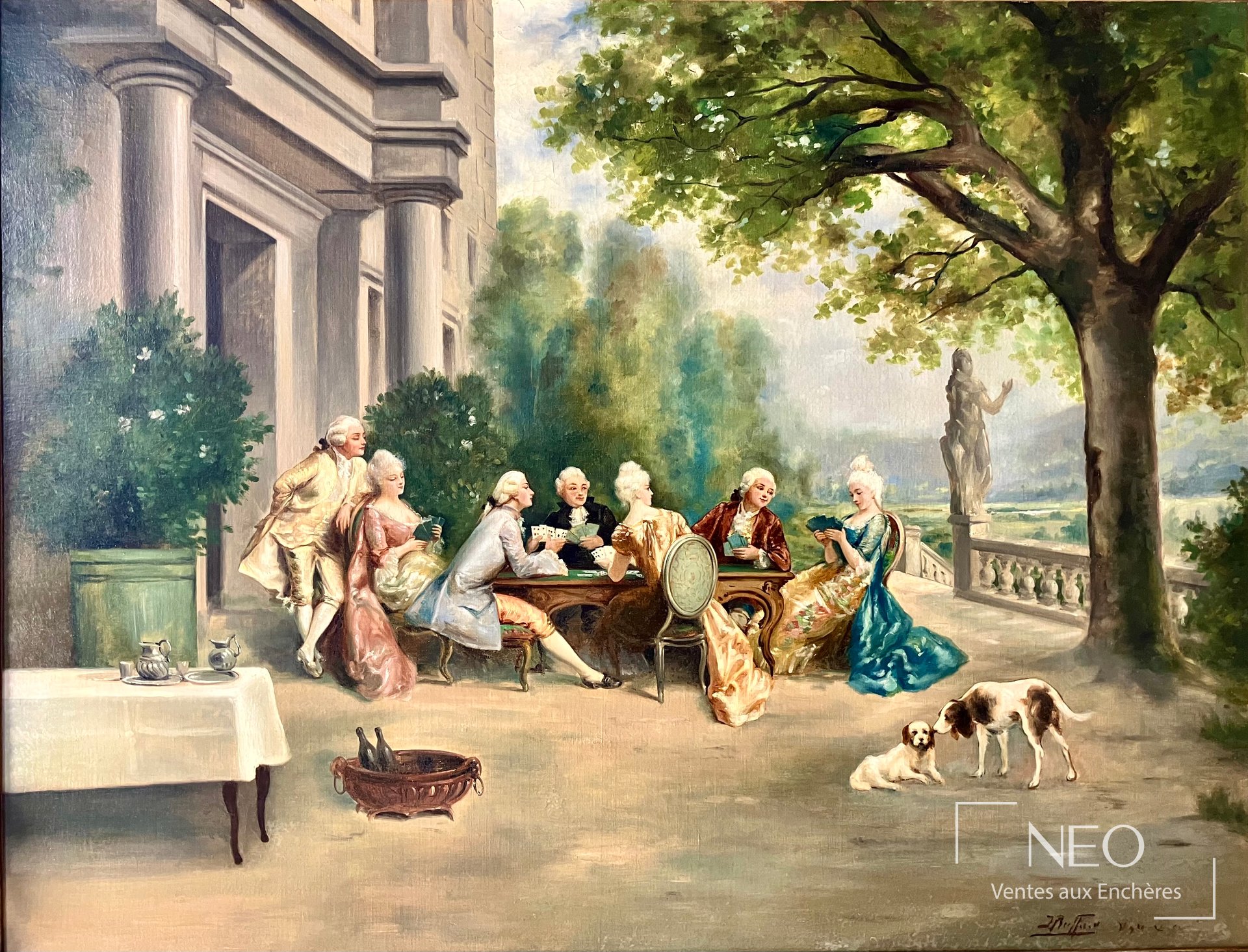 Scène de partie de cartes dans un jardin