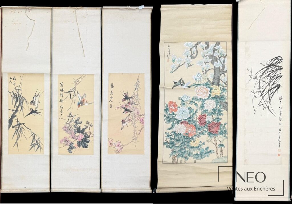 Ensemble de cinq peintures chinoises sur papier