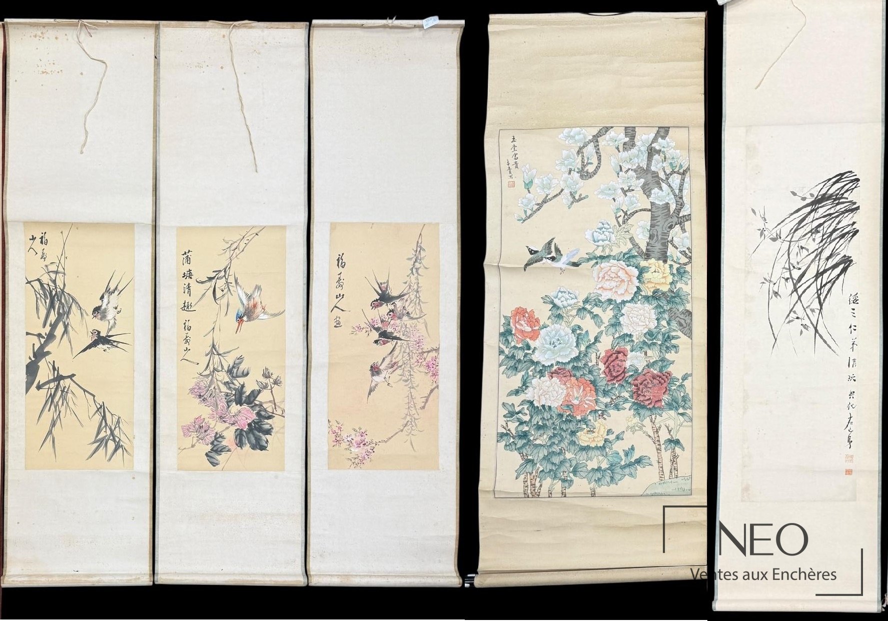 Ensemble de cinq peintures chinoises sur papier
