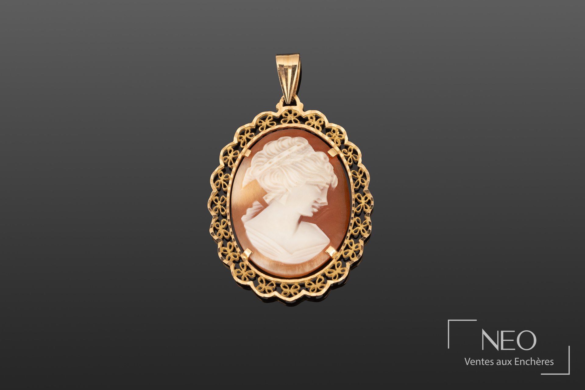 Pendentif en or jaune ajouré avec camée ovale figurant un profil féminin