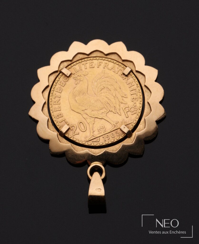 Pendentif en or jaune avec une pièce de 20 francs de 1905