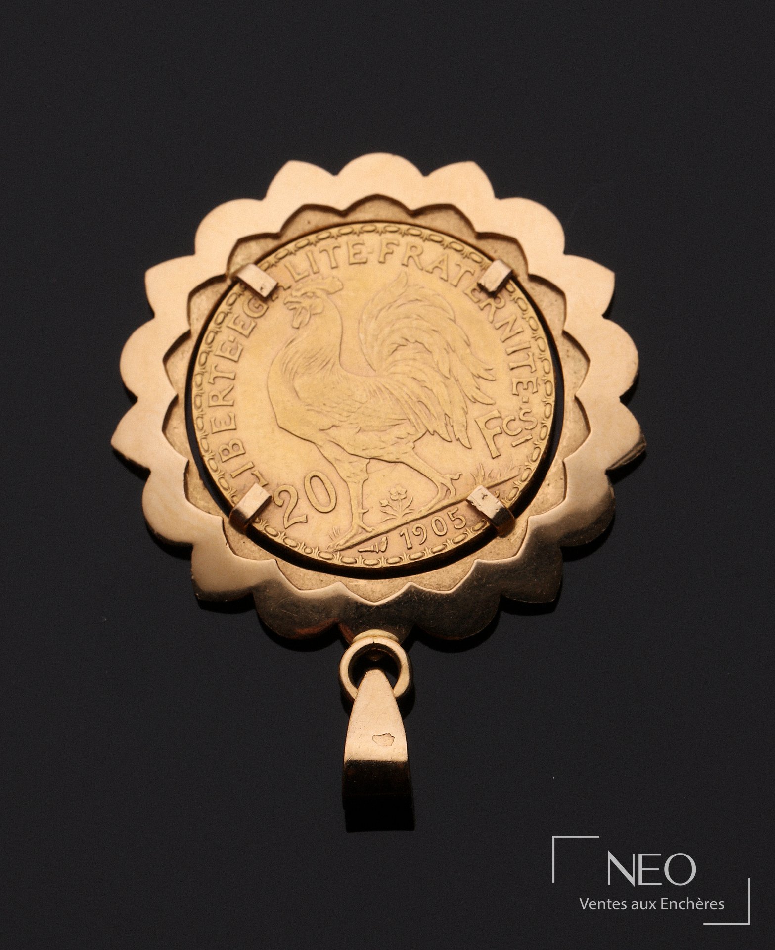 Pendentif en or jaune 18 carats retenant une pièce de 20 francs 1905