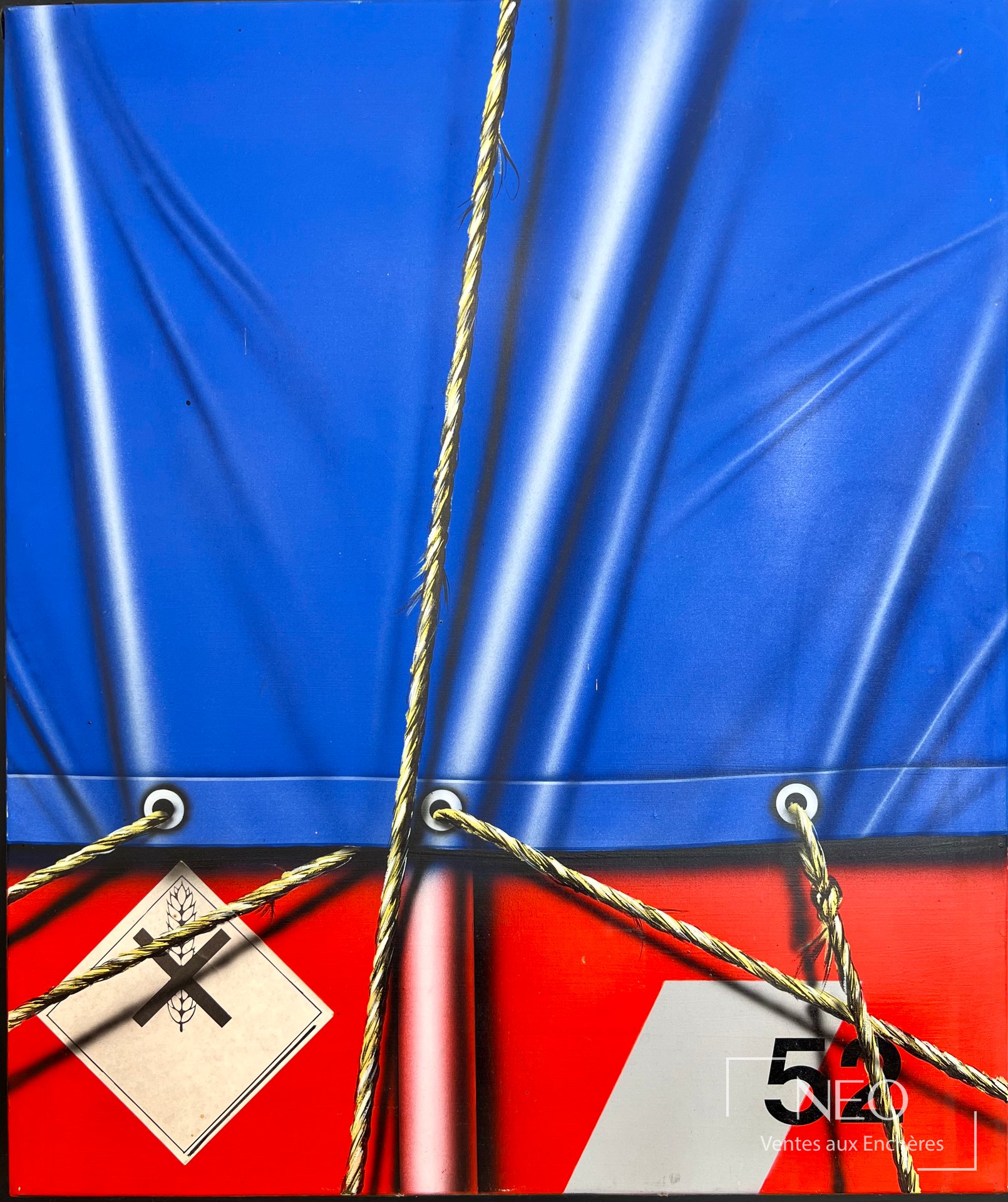 Huile sur toile de Peter Klasen aux couleurs bleu et rouge