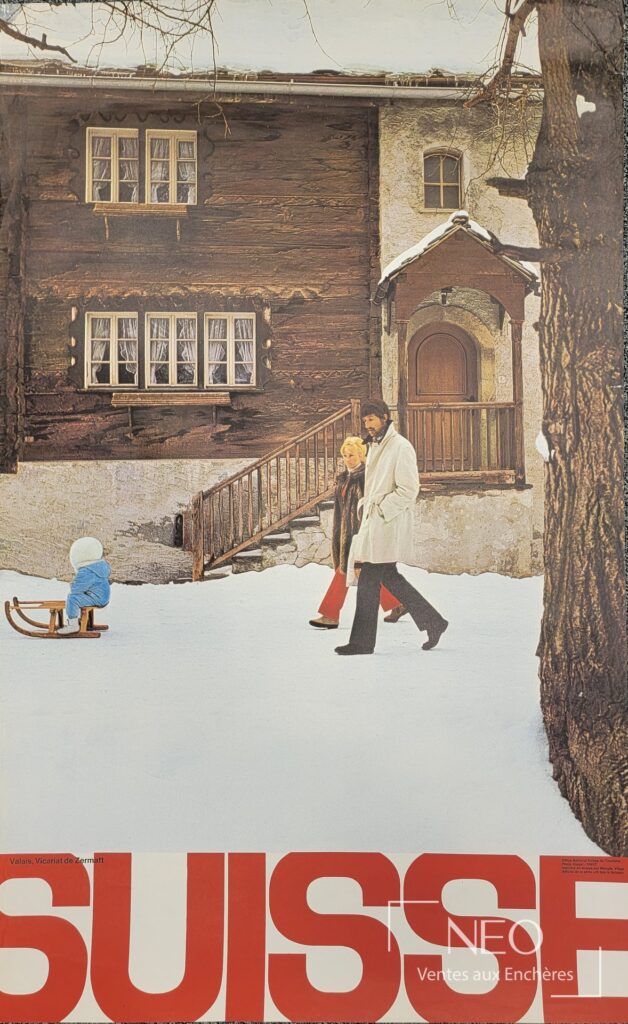 Affiche Suisse de Philipp Giegel montrant une scène d'hiver avec un chalet et deux personnages.