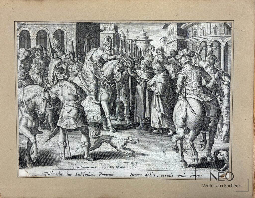 Gravure ancienne montrant une scène de cavaliers