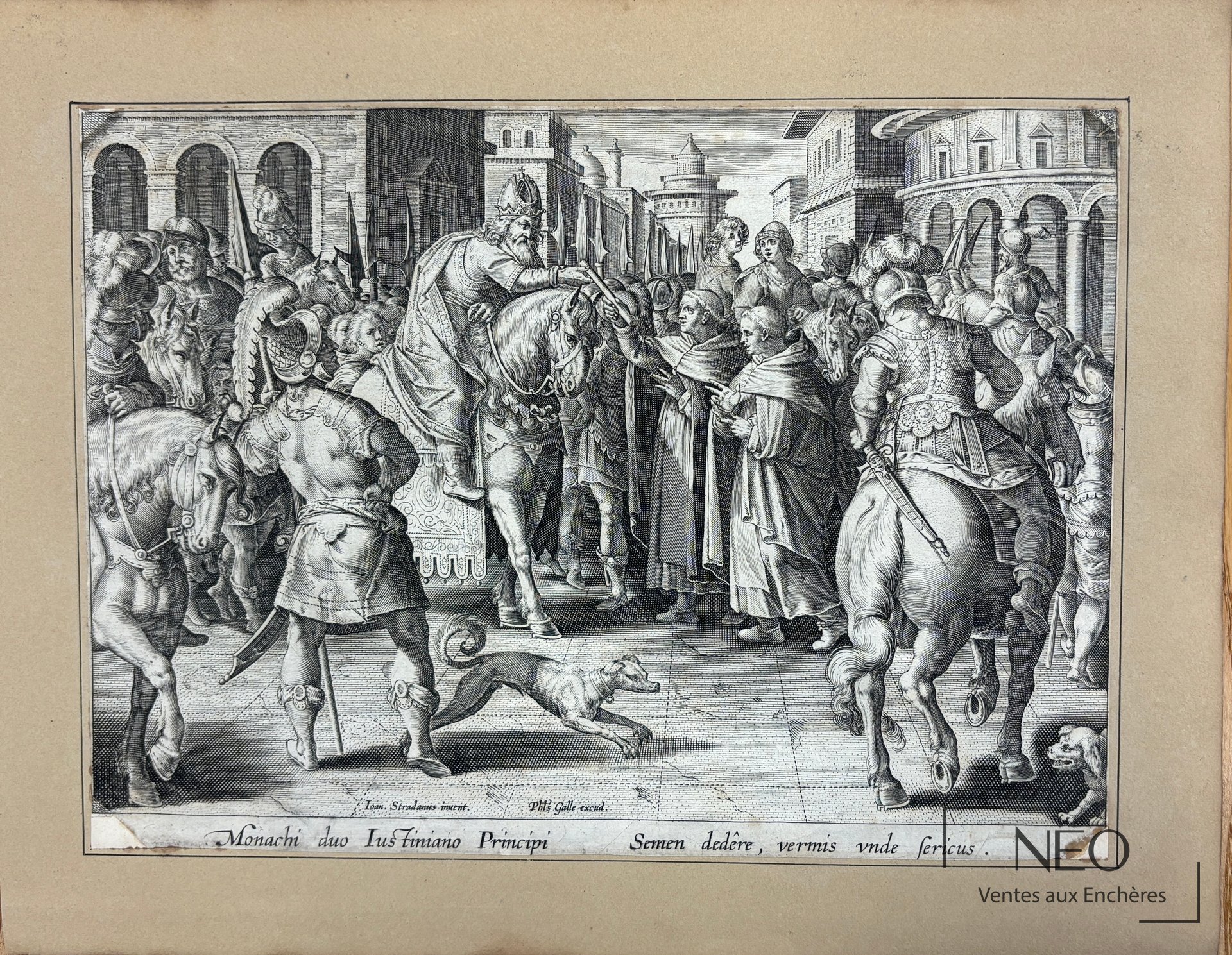 Gravure ancienne montrant une scène de cavaliers