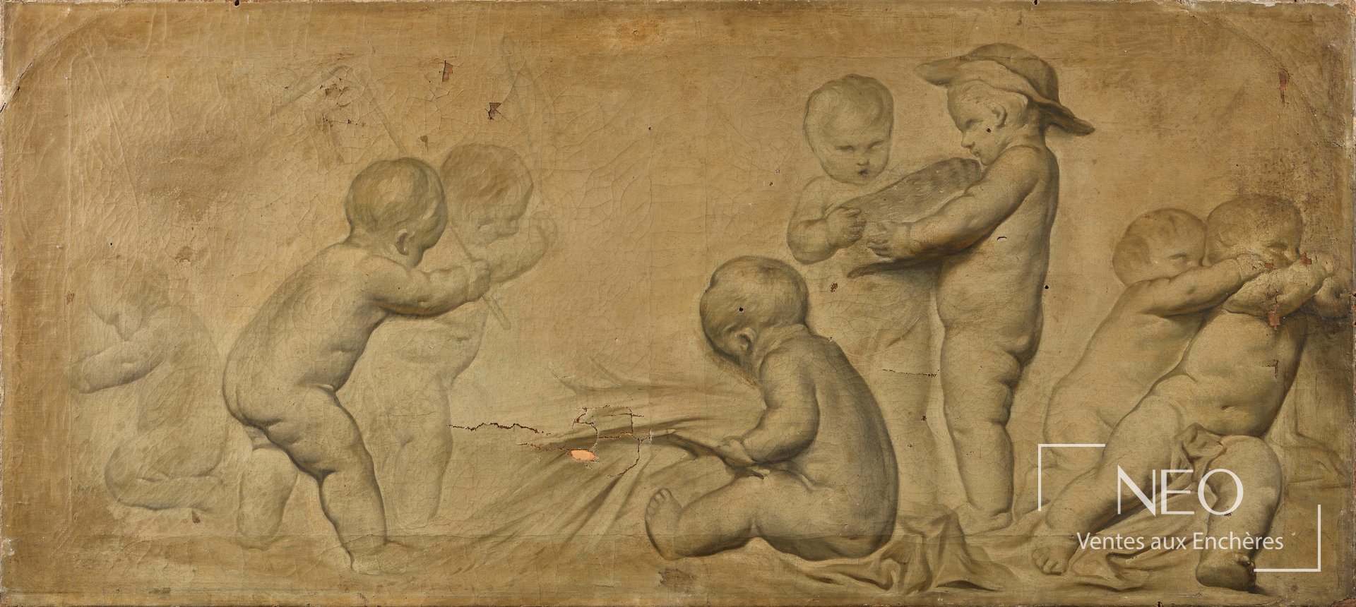 Huile sur toile représentant plusieurs putti jouant dans des tonalités de grisaille