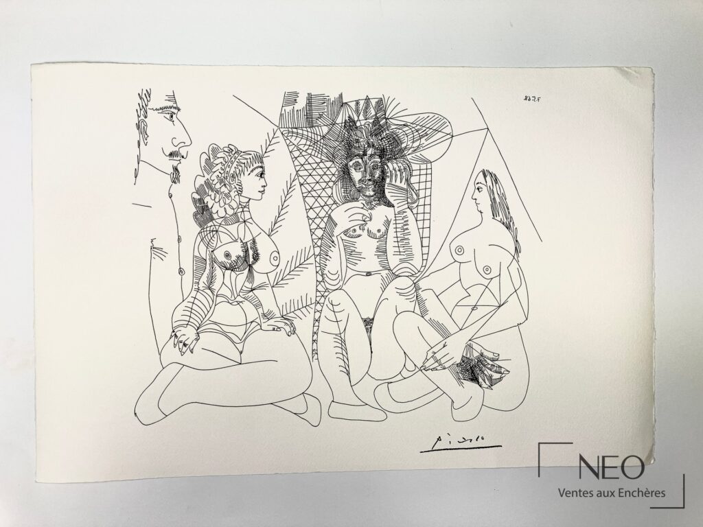 Lithographie de Picasso sur papier représentant plusieurs figures stylisées