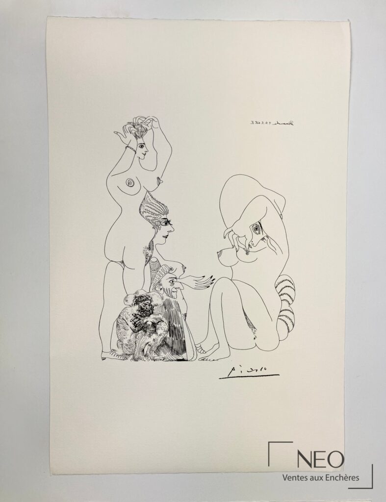 Lithographie sur papier d'après Pablo Picasso avec composition figurative en noir