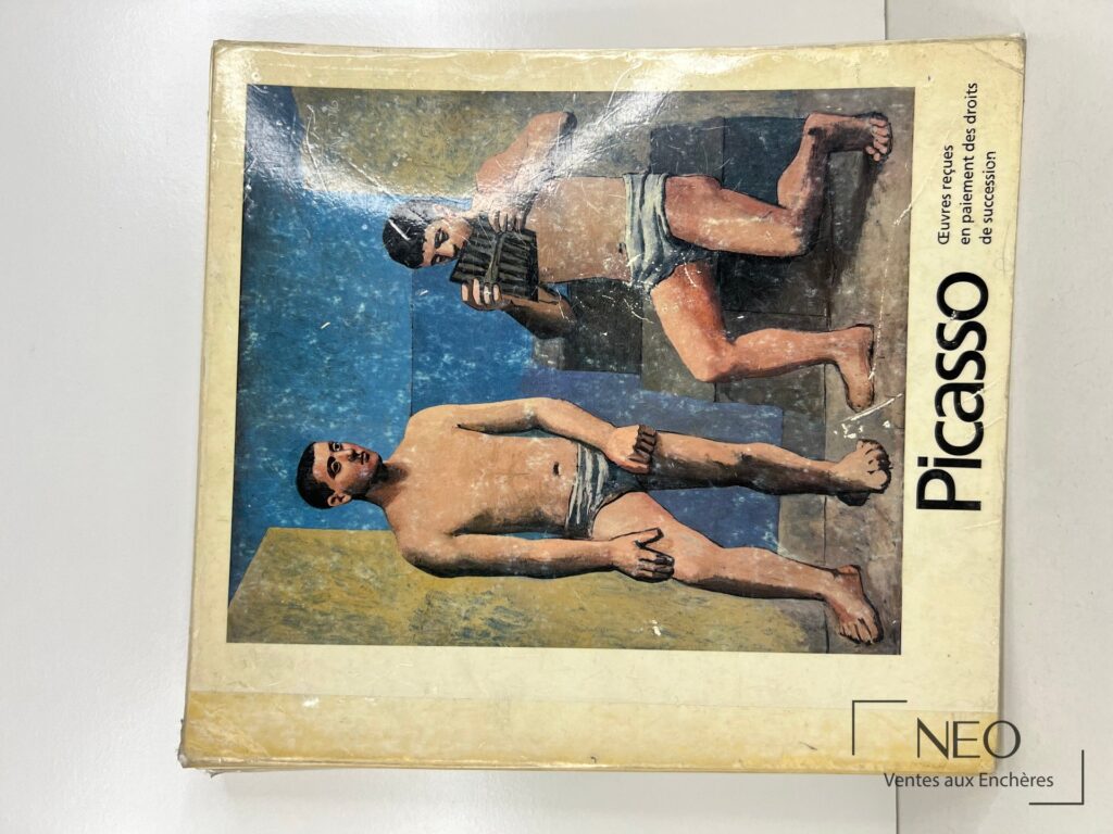 Couverture illustrée du catalogue Picasso avec deux figures peintes et le titre vertical.
