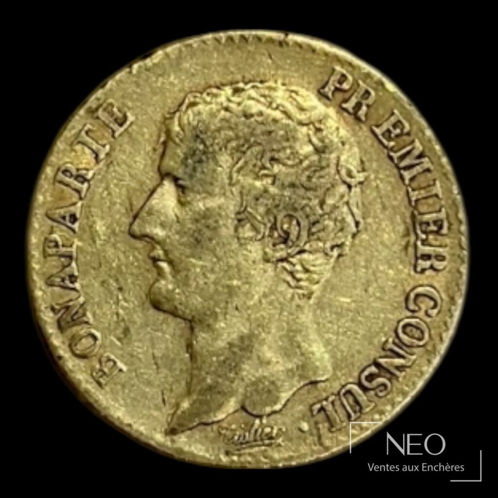 Avers d'une pièce de 20 francs or Bonaparte Ier Consul avec profil à gauche et légende circulaire