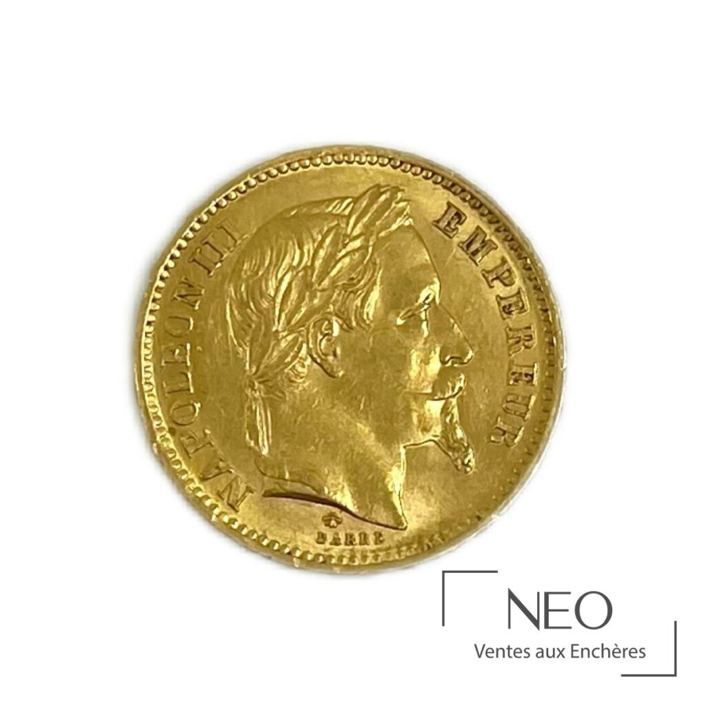 Avers d'une pièce 20 francs or Napoléon III tête laurée