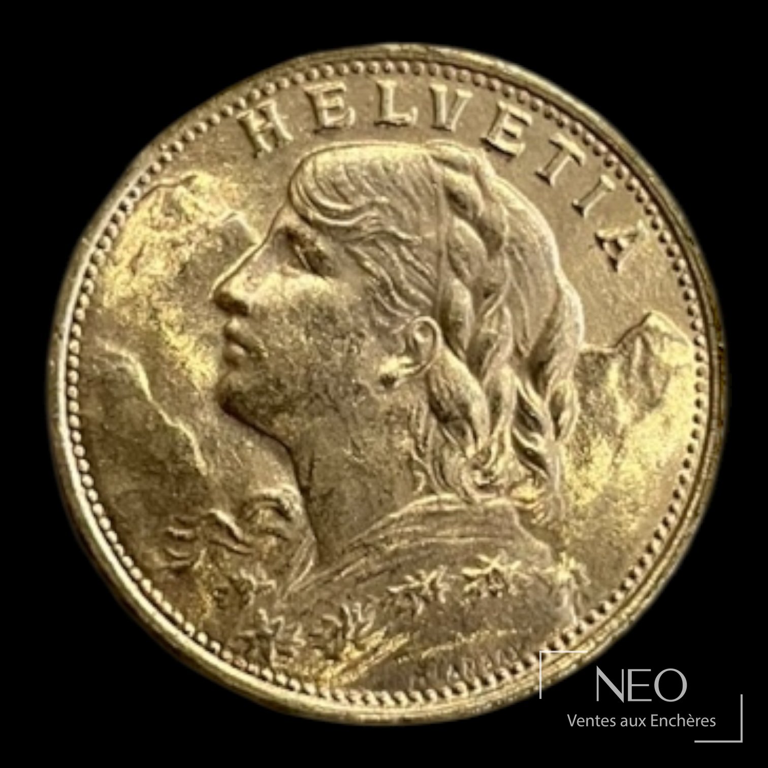 Avers d'une pièce suisse de 20 francs or au profil féminin