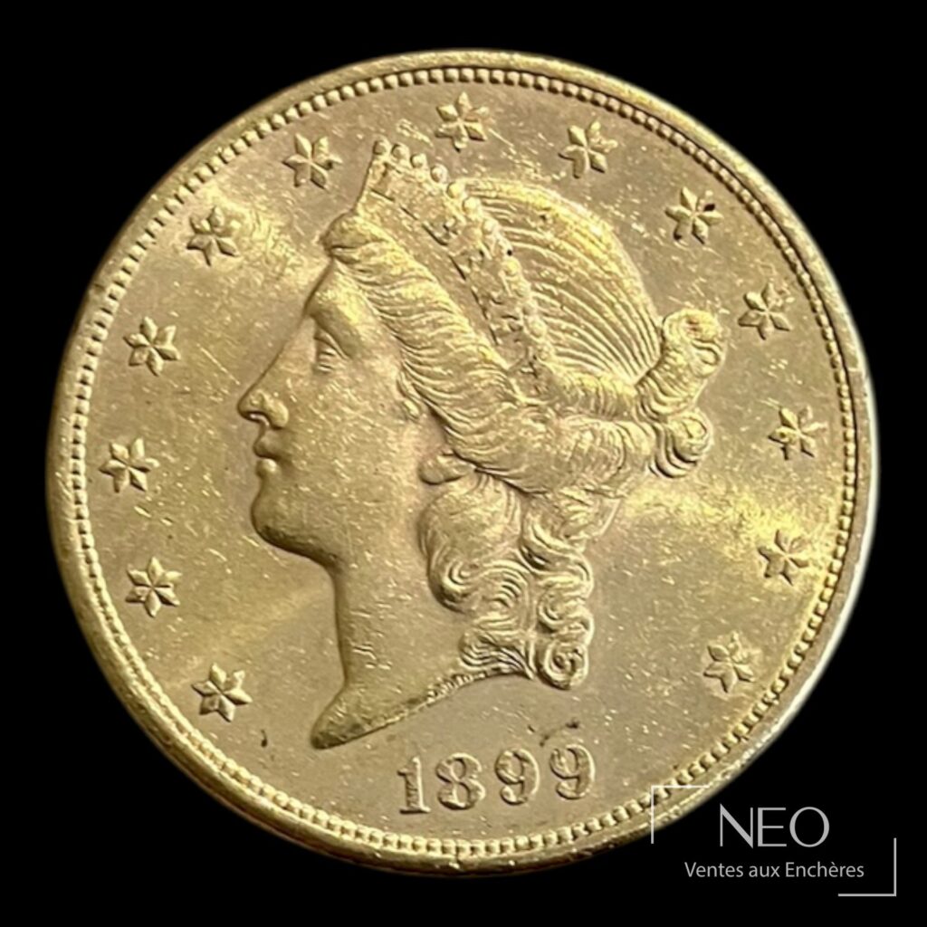 Avers d’une pièce de 20 dollars en or des États-Unis datée 1899