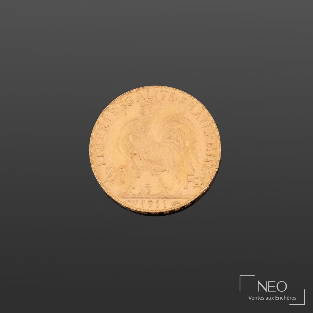 Pièce de 20 francs en or montrant le revers au coq