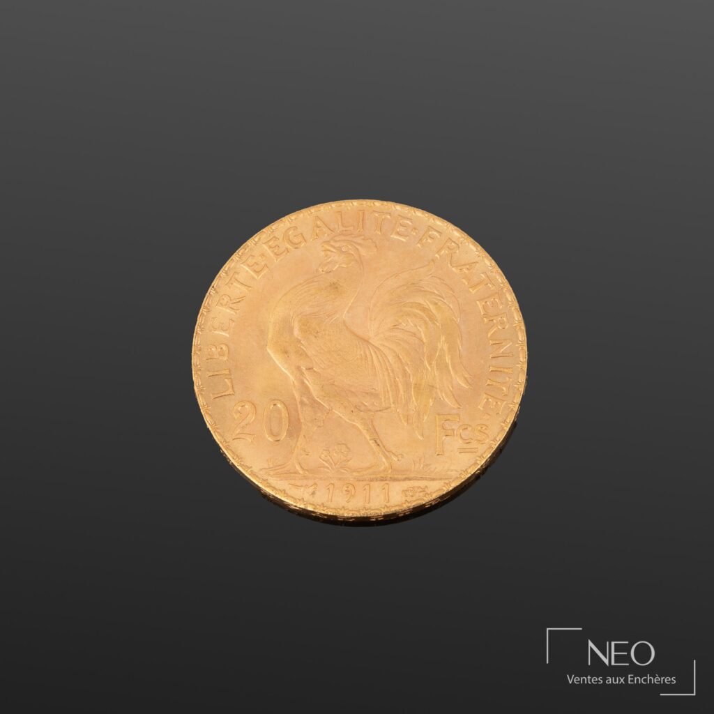 Pièce de 20 francs en or avec le coq et la légende Liberté Égalité Fraternité